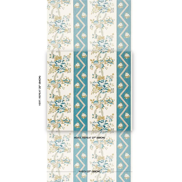 Schumacher SYLVAIN FLORAL STRIPE wallpaper, color TEAL, SKU 5015540