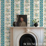 SYLVAIN FLORAL STRIPE - TEAL Schumacher Wallpaper | Wallpape SYLVAIN FLORAL STRIPE TEAL Schumacher Wallpaper wallpaper - SKU 5015540
