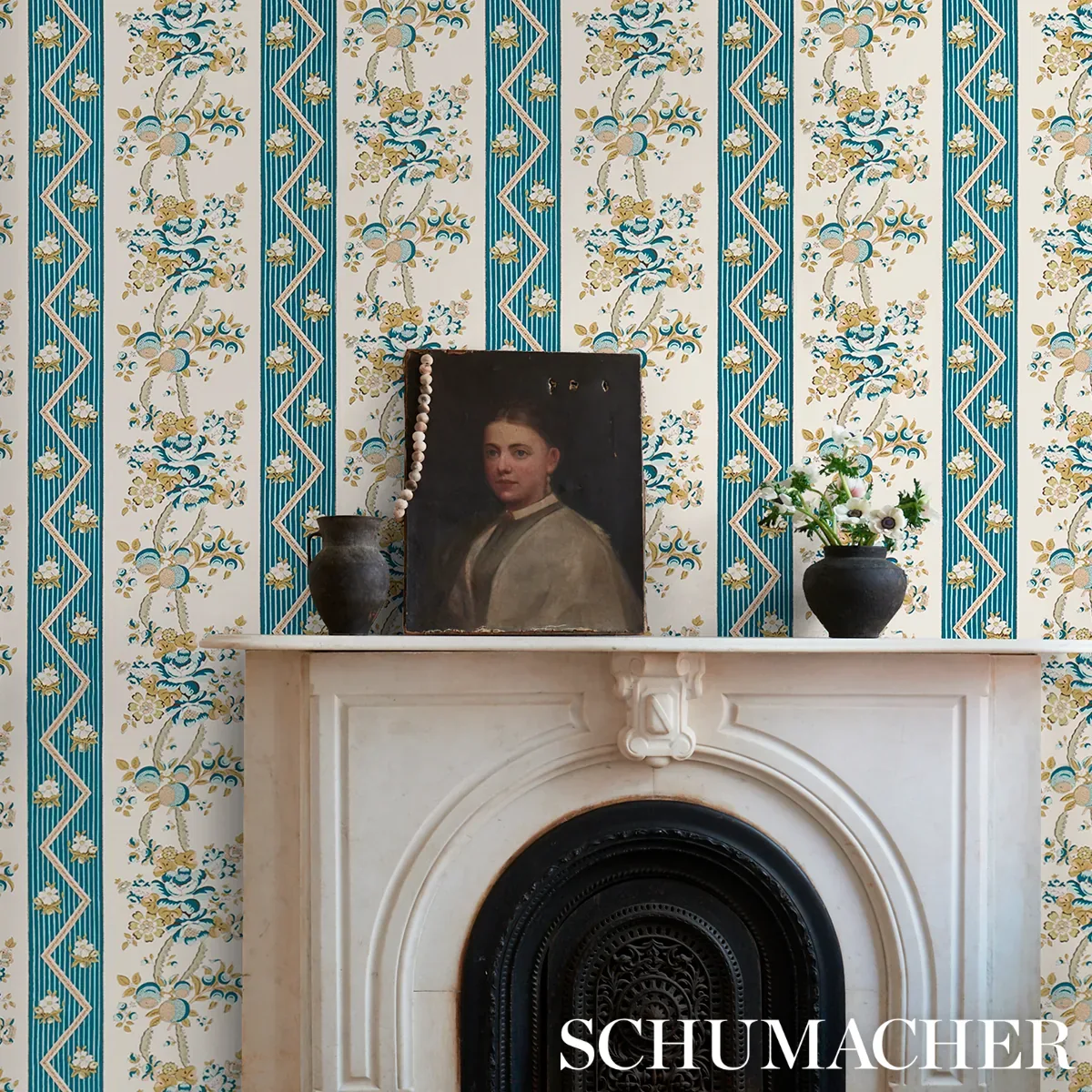 SYLVAIN FLORAL STRIPE - TEAL Schumacher Wallpaper | Wallpape SYLVAIN FLORAL STRIPE TEAL Schumacher Wallpaper wallpaper - SKU 5015540