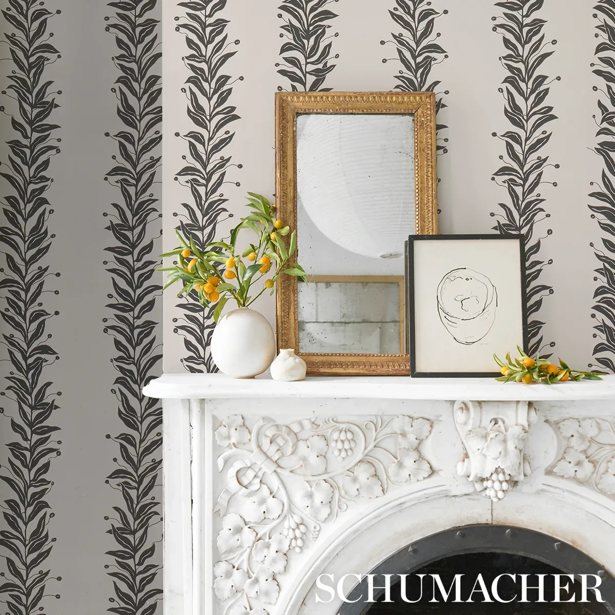 TENDRIL STRIPE - BLACK & CREAM Schumacher Wallpaper | Wallpa TENDRIL STRIPE BLACK & CREAM Schumacher Wallpaper wallpaper - SKU 5015490