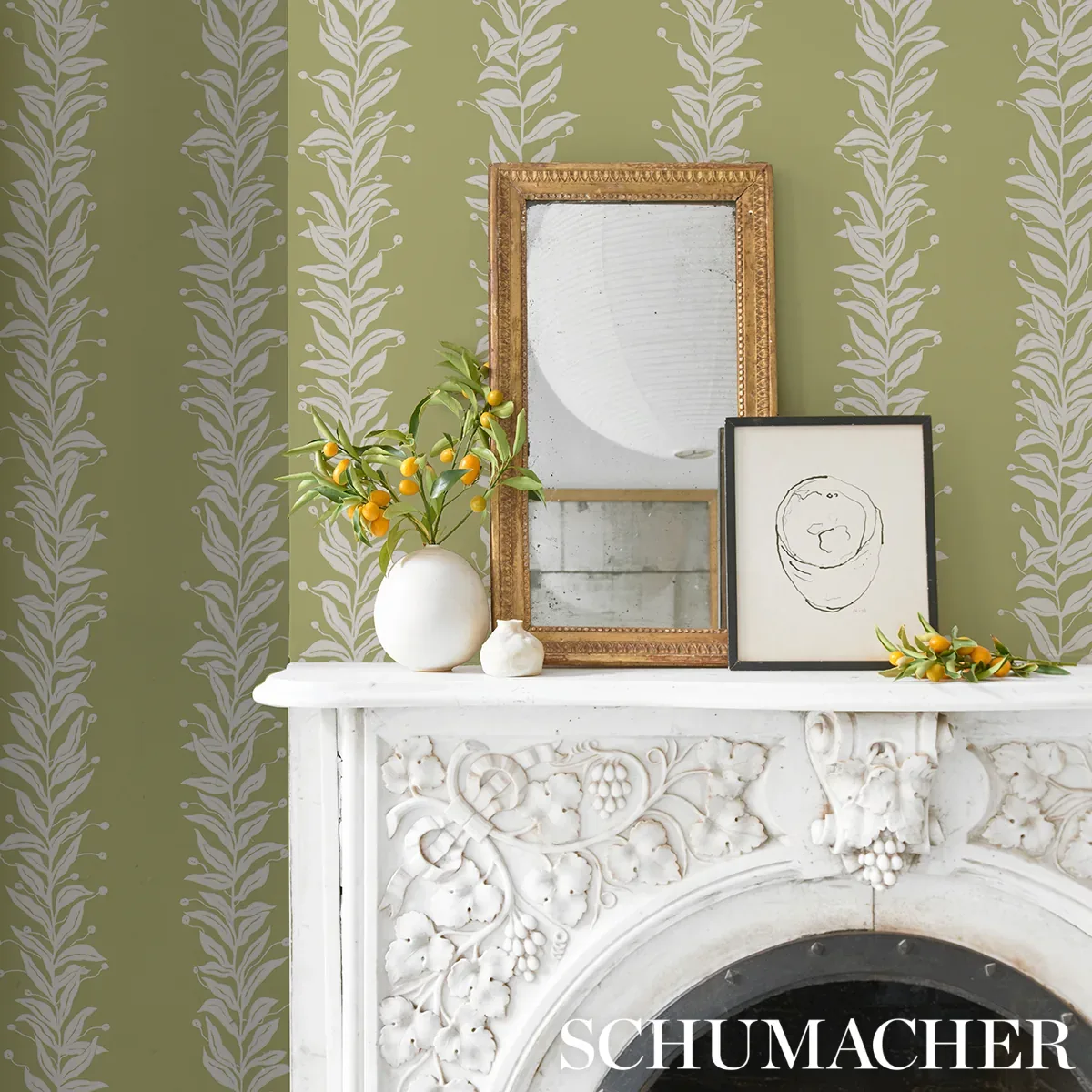 TENDRIL STRIPE - OLIVE Schumacher Wallpaper | Wallpaper Twin TENDRIL STRIPE OLIVE Schumacher Wallpaper wallpaper - SKU 5015492