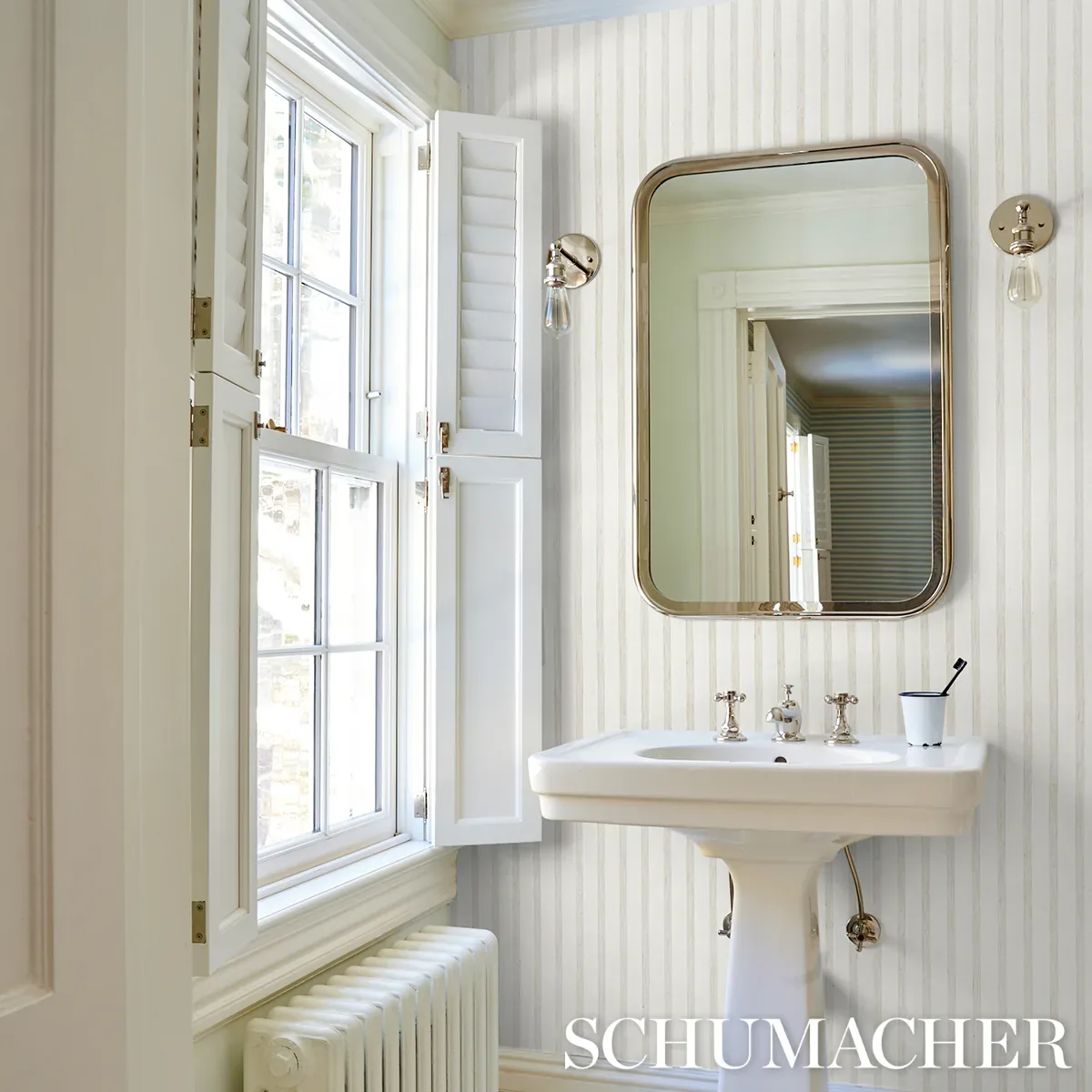 TEXTURED LINEN STRIPE - WHITE Schumacher Wallpaper | Wallpap TEXTURED LINEN STRIPE WHITE Schumacher Wallpaper wallpaper - SKU 5013020