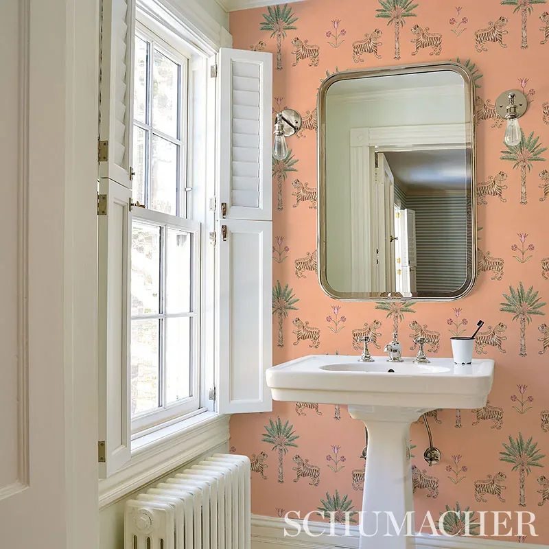 TIGER PALM - CRIMSON ON PEACH Schumacher Wallpaper | Wallpap TIGER PALM CRIMSON ON PEACH Schumacher Wallpaper wallpaper - SKU 5012920