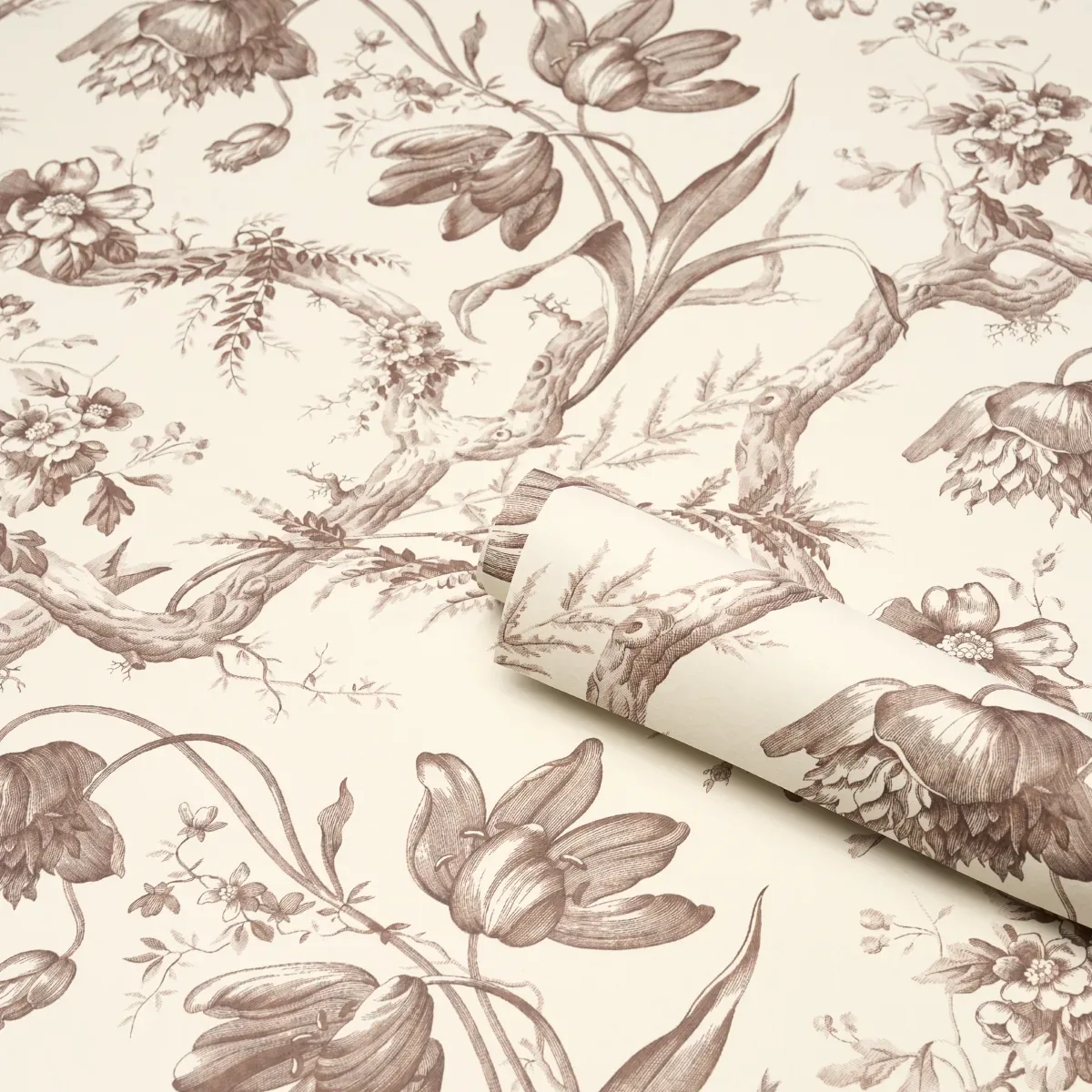 TOILE DE FLEURS - FAWN Schumacher Wallpaper | Wallpaper Twin TOILE DE FLEURS FAWN Schumacher Wallpaper wallpaper - SKU 5009124