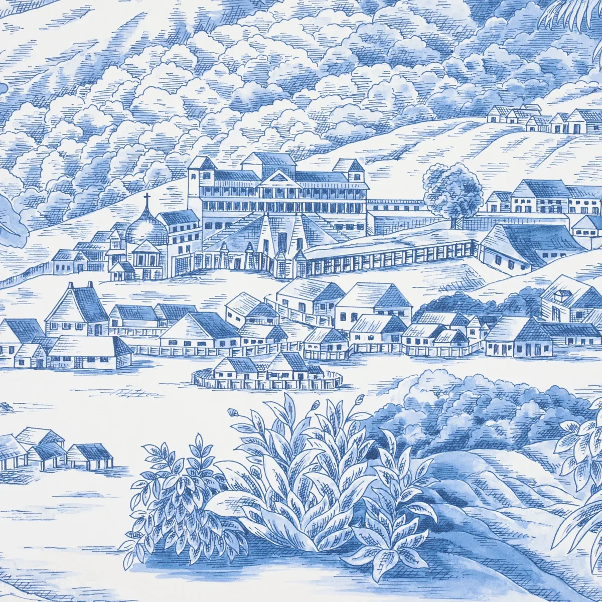 TOUSSAINT TOILE - BLUE ON IVORY Schumacher Wallpaper | Wallp TOUSSAINT TOILE BLUE ON IVORY Schumacher Wallpaper wallpaper - SKU 5013771