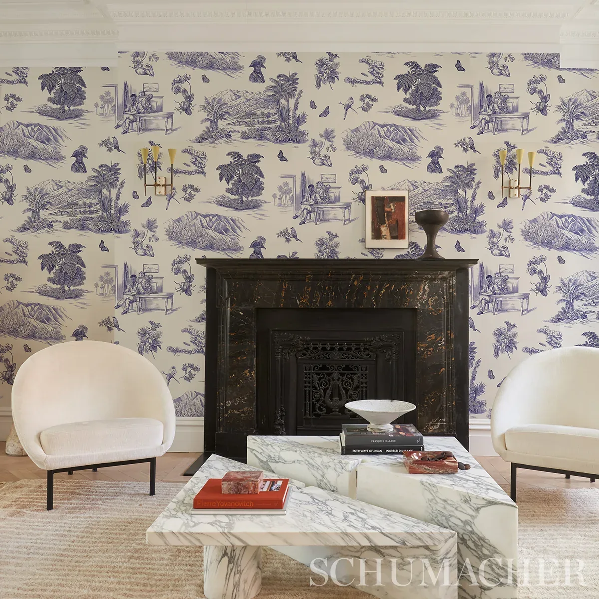 TOUSSAINT TOILE - PURPLE ON CREAM Schumacher Wallpaper | Wal TOUSSAINT TOILE PURPLE ON CREAM Schumacher Wallpaper wallpaper - SKU 5013772