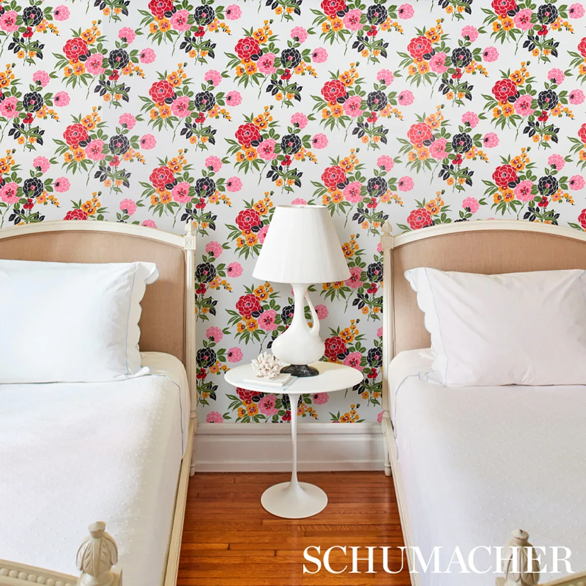 VALENTINA FLORAL - MULTI ON WHITE Schumacher Wallpaper | Wal VALENTINA FLORAL MULTI ON WHITE Schumacher Wallpaper wallpaper - SKU 5013131