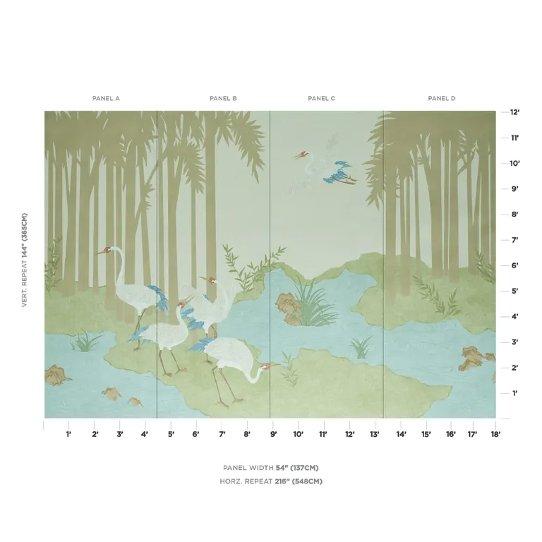 Schumacher YASHINOKI CRANE PANEL SET wallpaper, color WILLOW, SKU 5011701