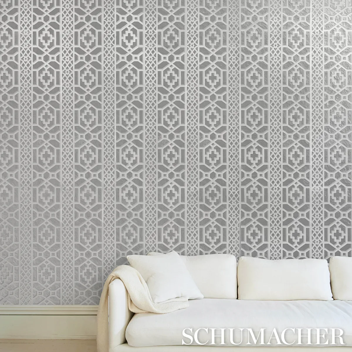 ZANZIBAR TRELLIS MYLAR SILVER MYLAR Schumacher Wallpaper wallpaper - SKU 5013641