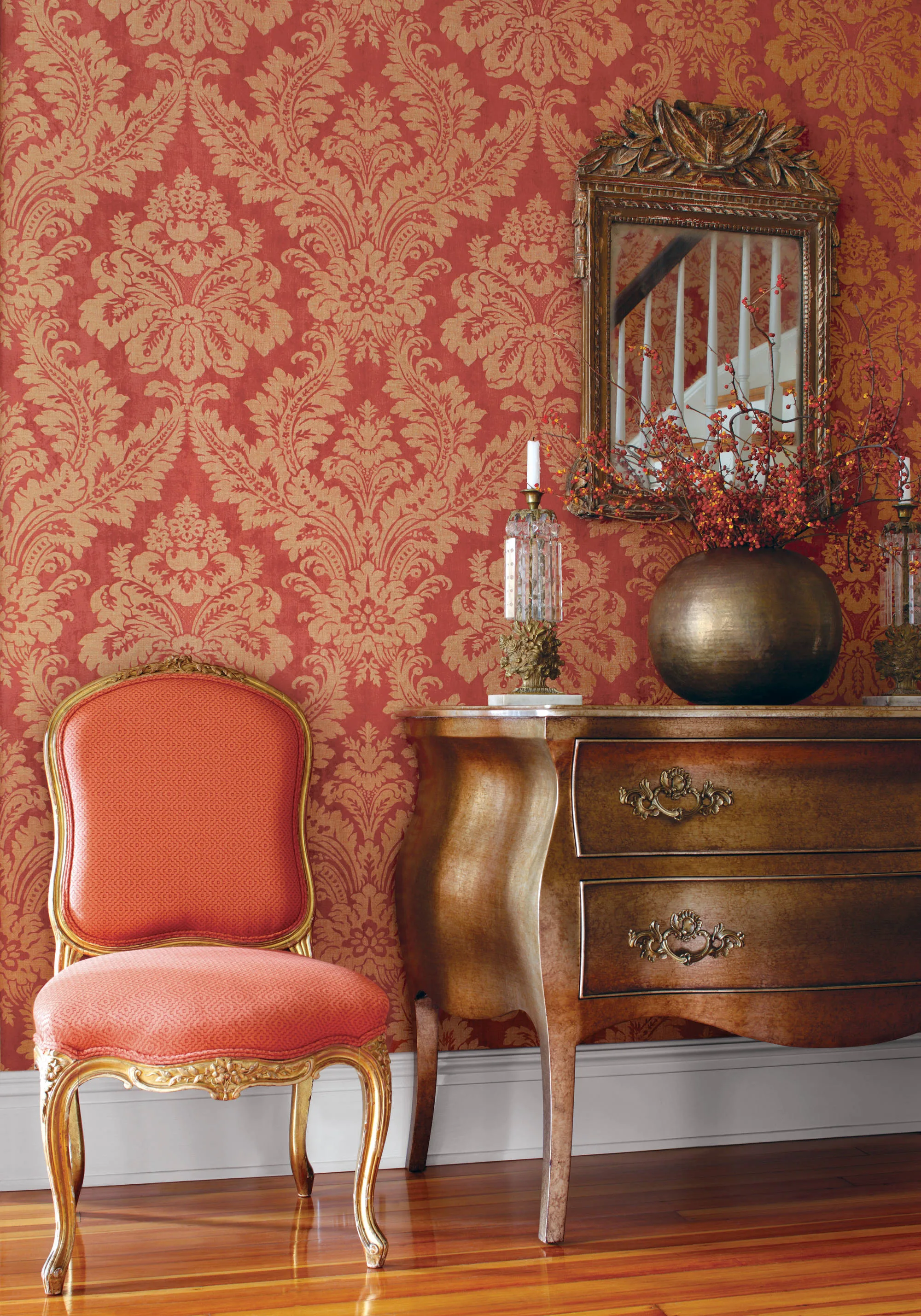 Thibaut Argentina Damask in Metallic Gold on Red (T6872)