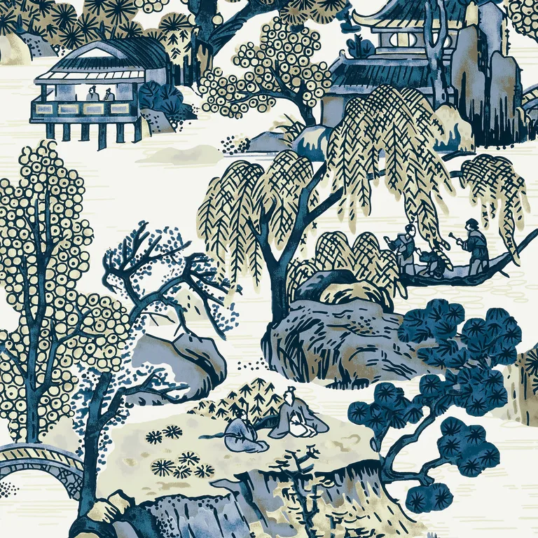 Thibaut Asian Scenic in Blue and Beige (T75461)