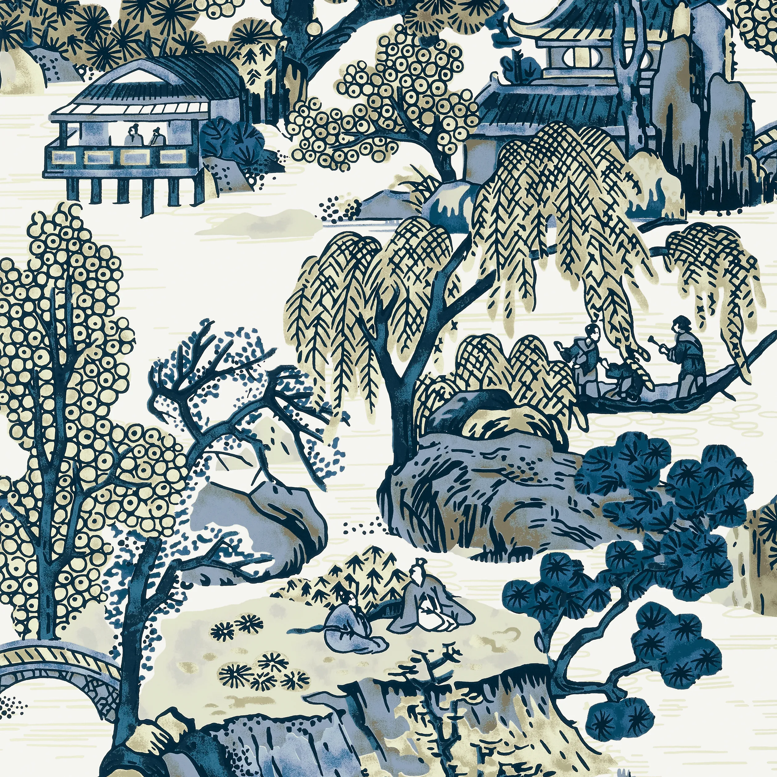 Thibaut Asian Scenic in Blue and Beige (T75461)