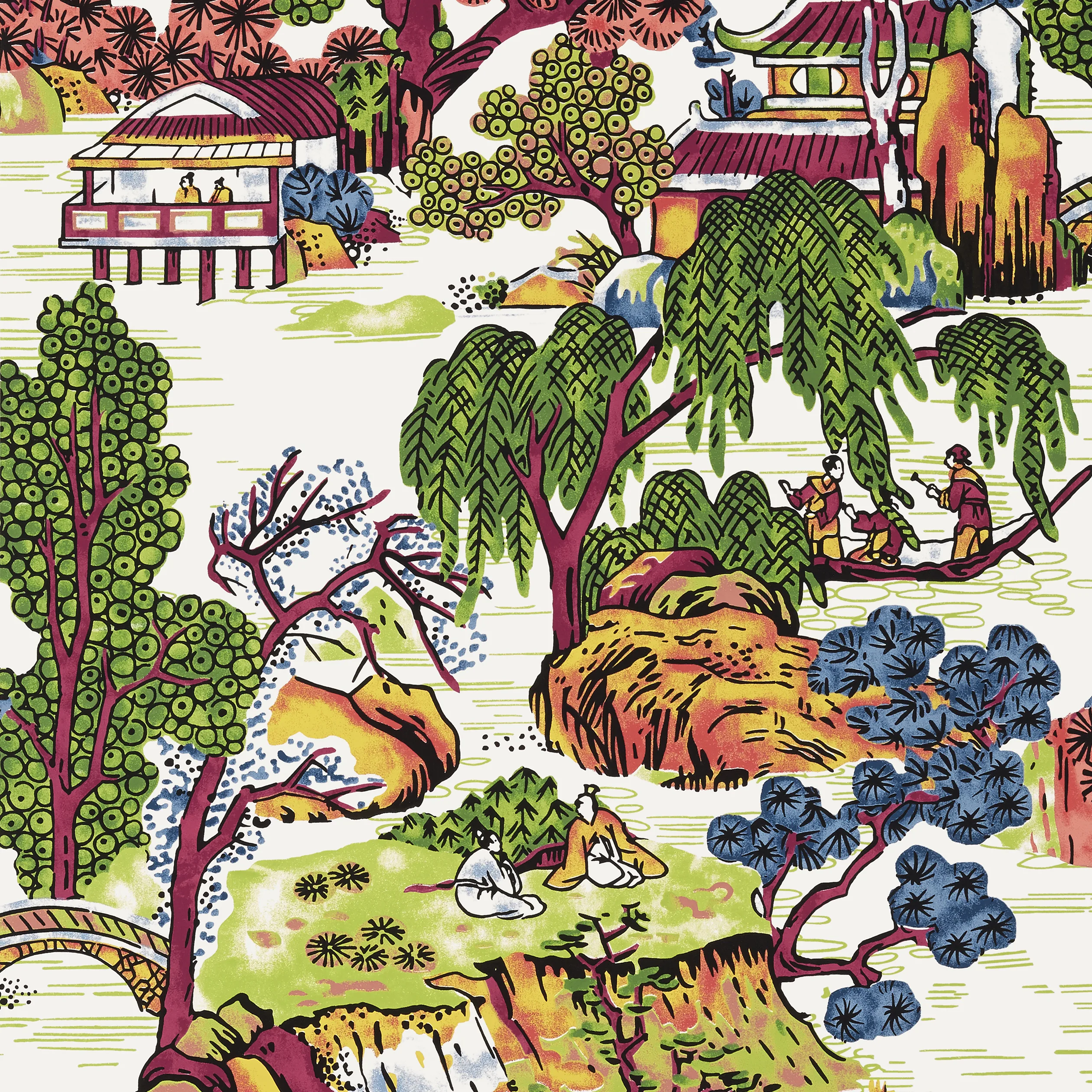 Thibaut Asian Scenic in Coral and Green (T75464)