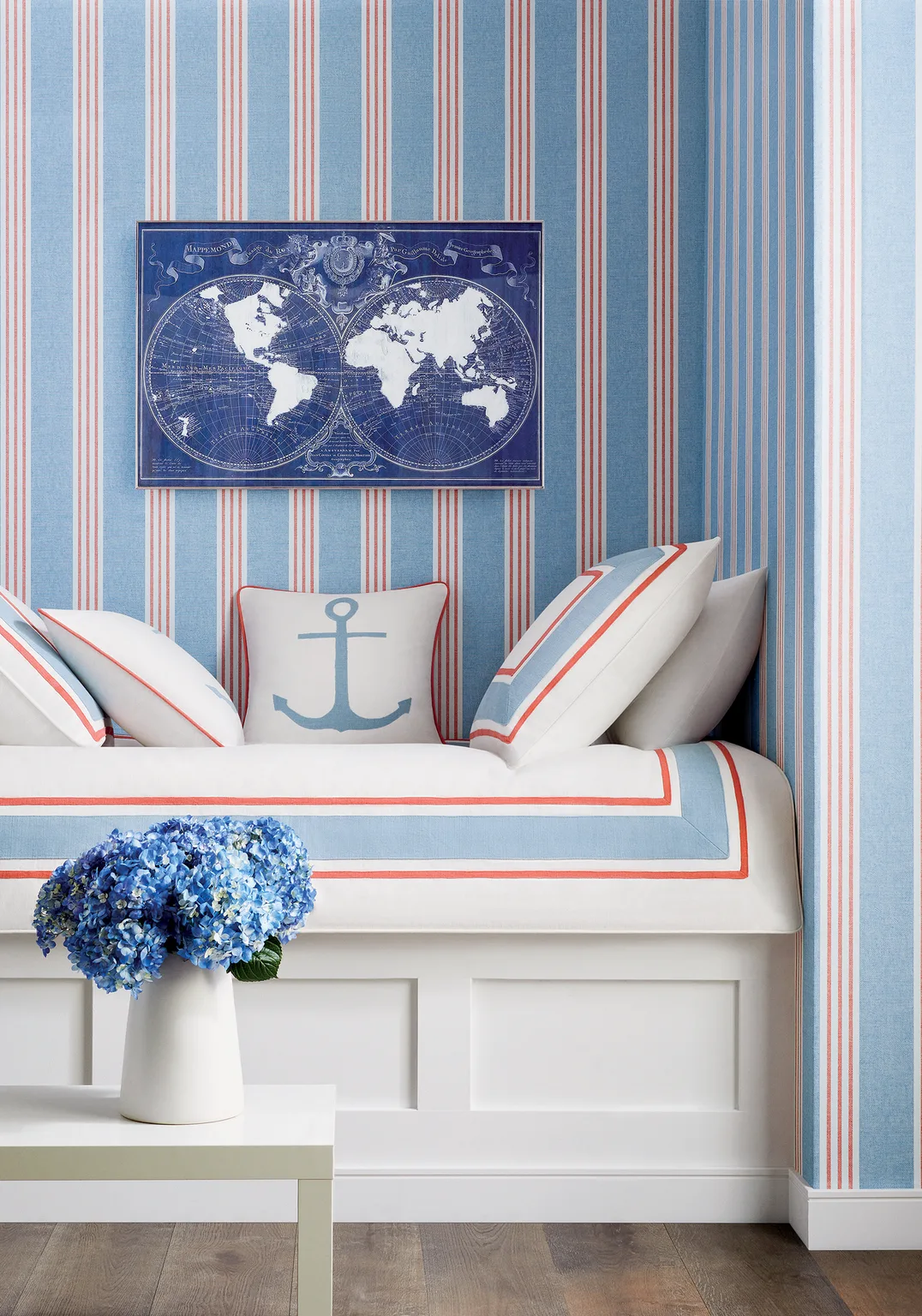 Thibaut Canvas Stripe in Blue and Coral (T13362)