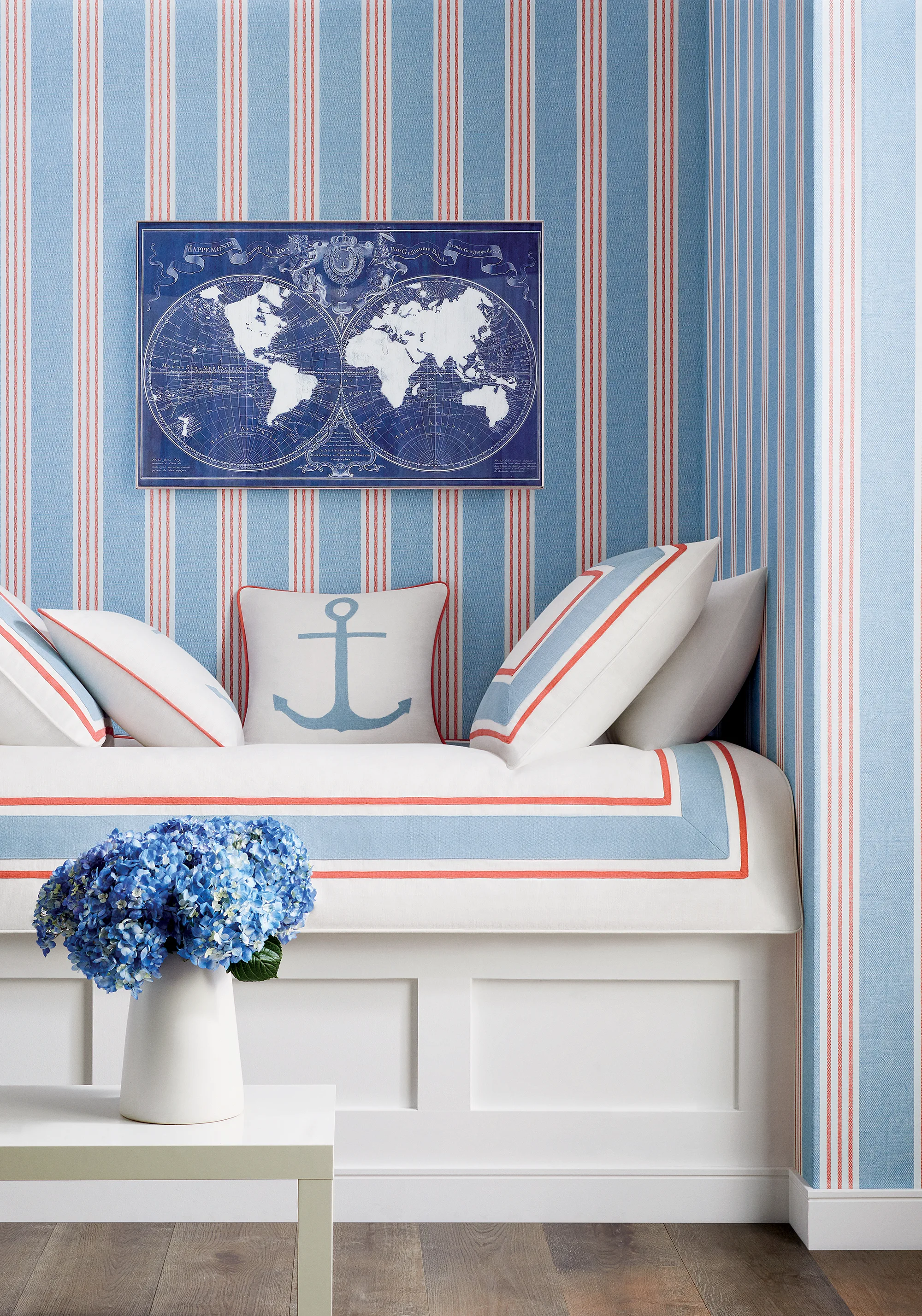 Thibaut Canvas Stripe in Blue and Coral (T13362)