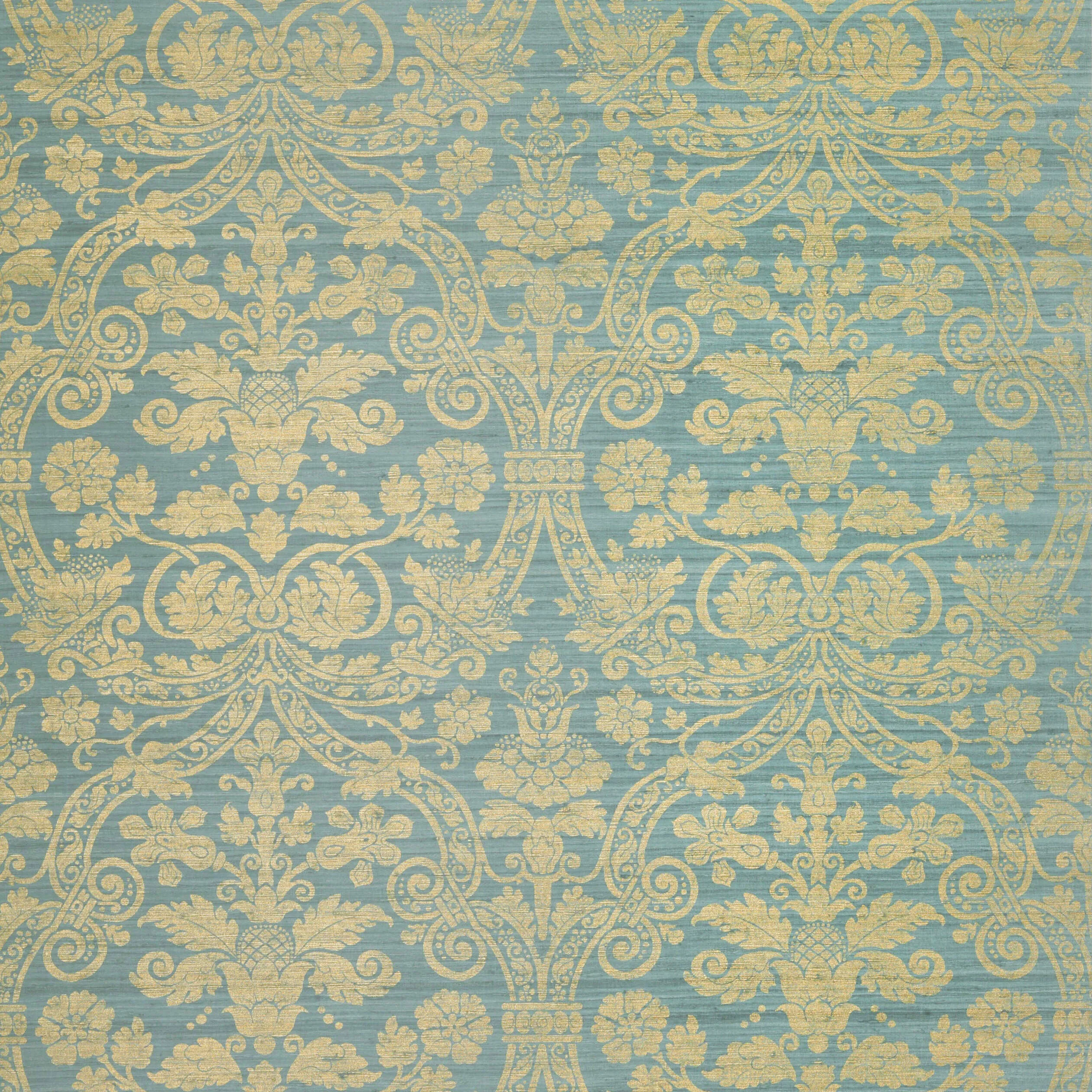 Thibaut Curtis Silk Damask in Blue on Metallic Gold (T1006)