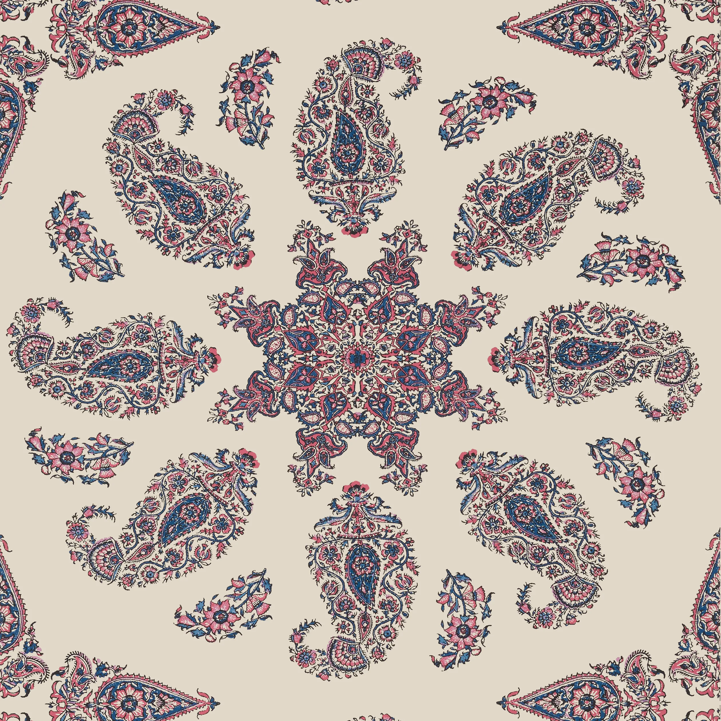 T36430 | East India – Raspberry and Blue on Natural