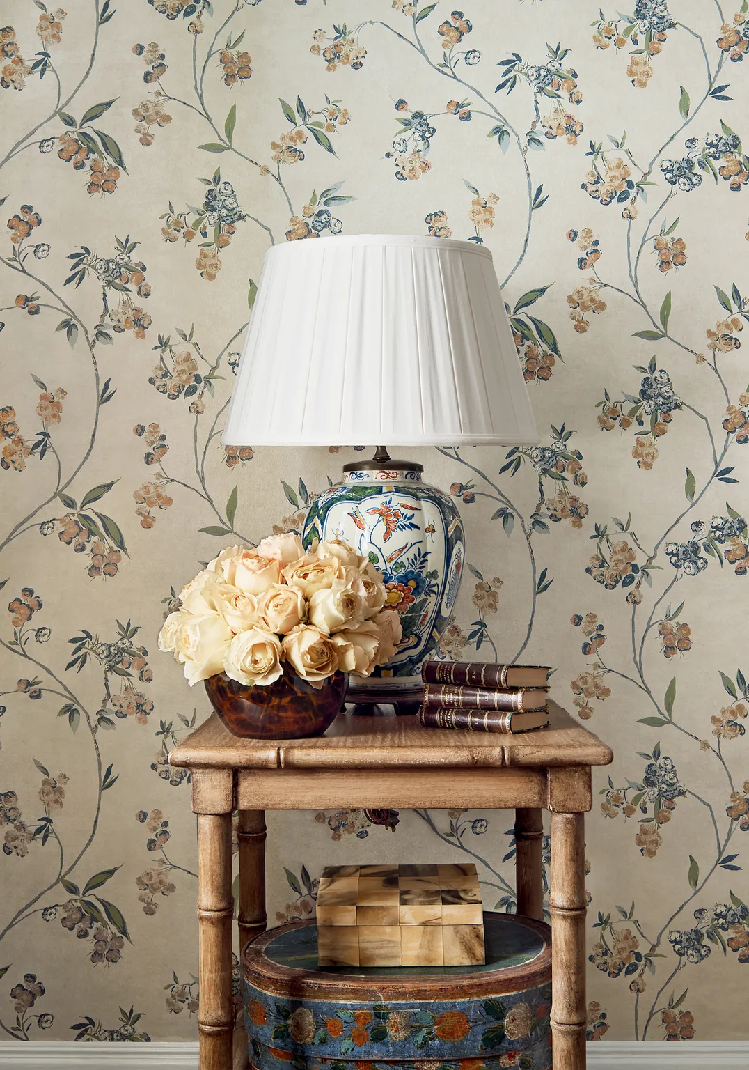 Anna French Edo Bloom in Apricot and Slate on Pearl (AT16152)
