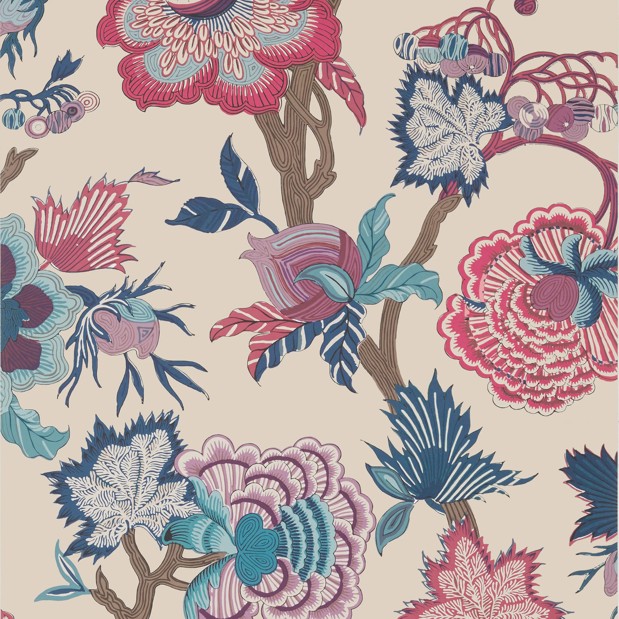 T36419 | Indienne Jacobean – Raspberry and Blue on Natural