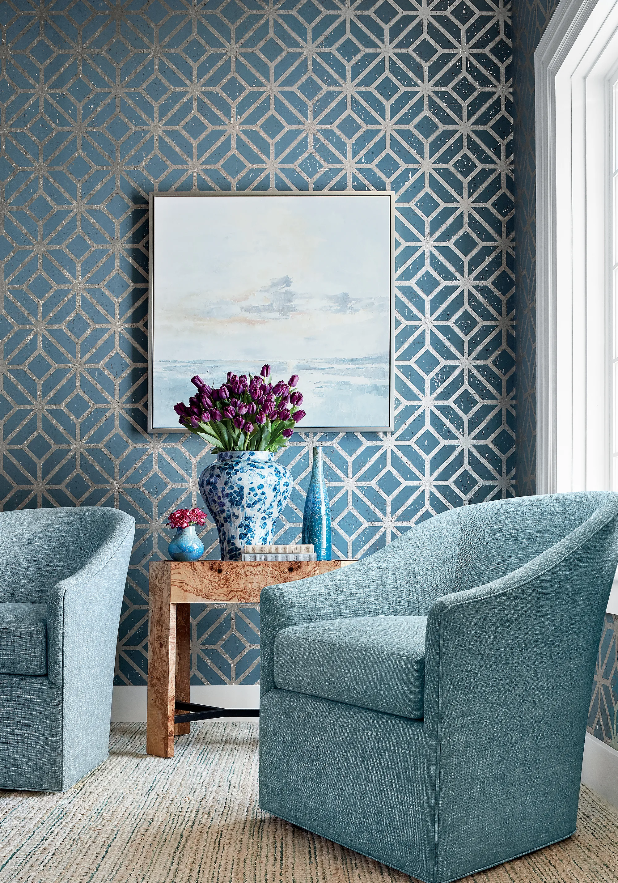 Thibaut Mamora Trellis Cork in Mineral on Metallic Pewter (T10415)