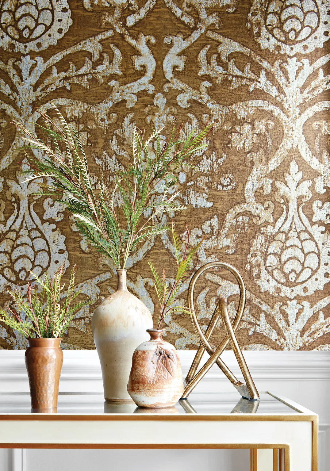 Thibaut Pravata Damask in Sienna on Foil (T89175)