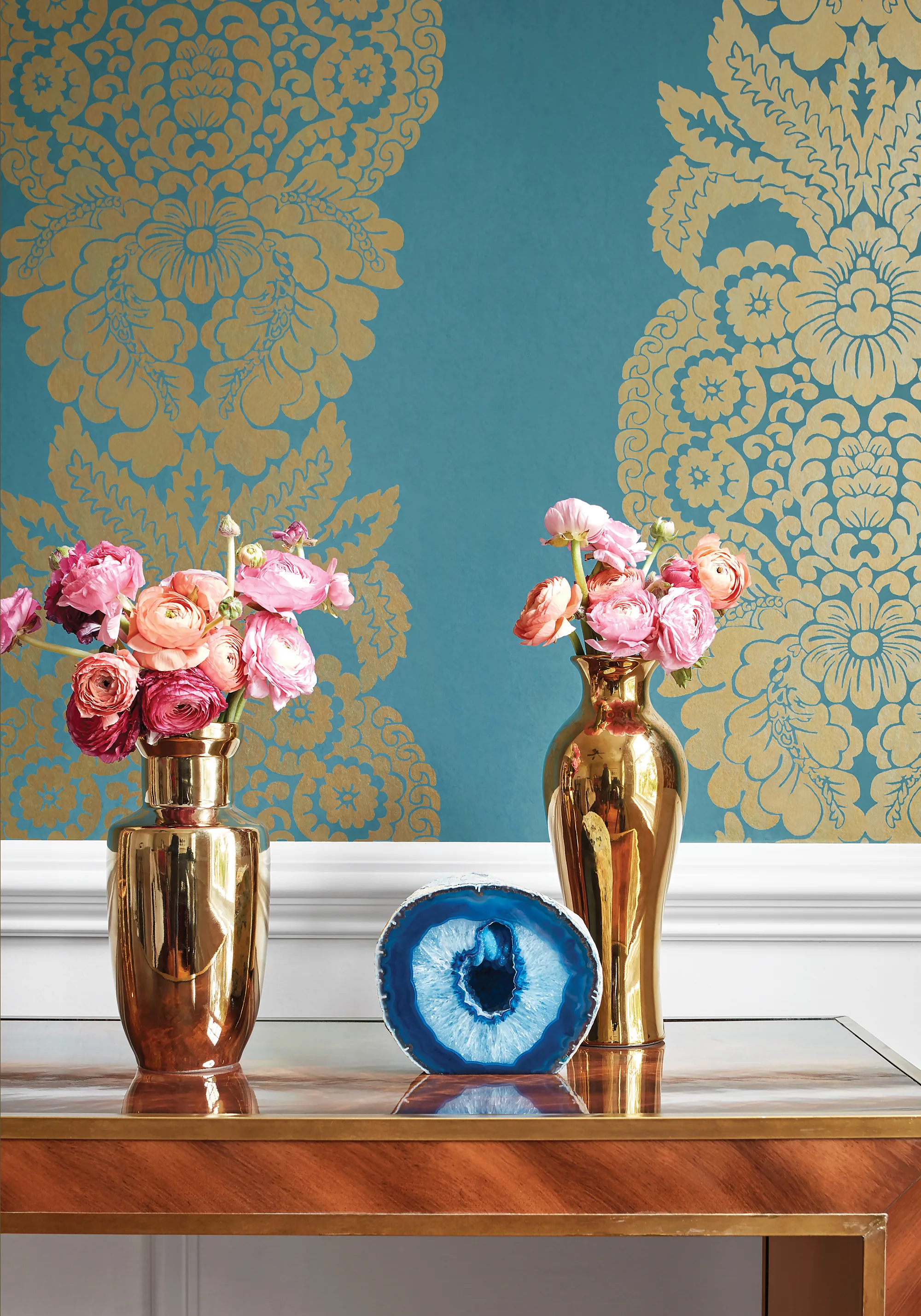 Thibaut Rowan Damask in Metallic Gold on Peacock (T89133)