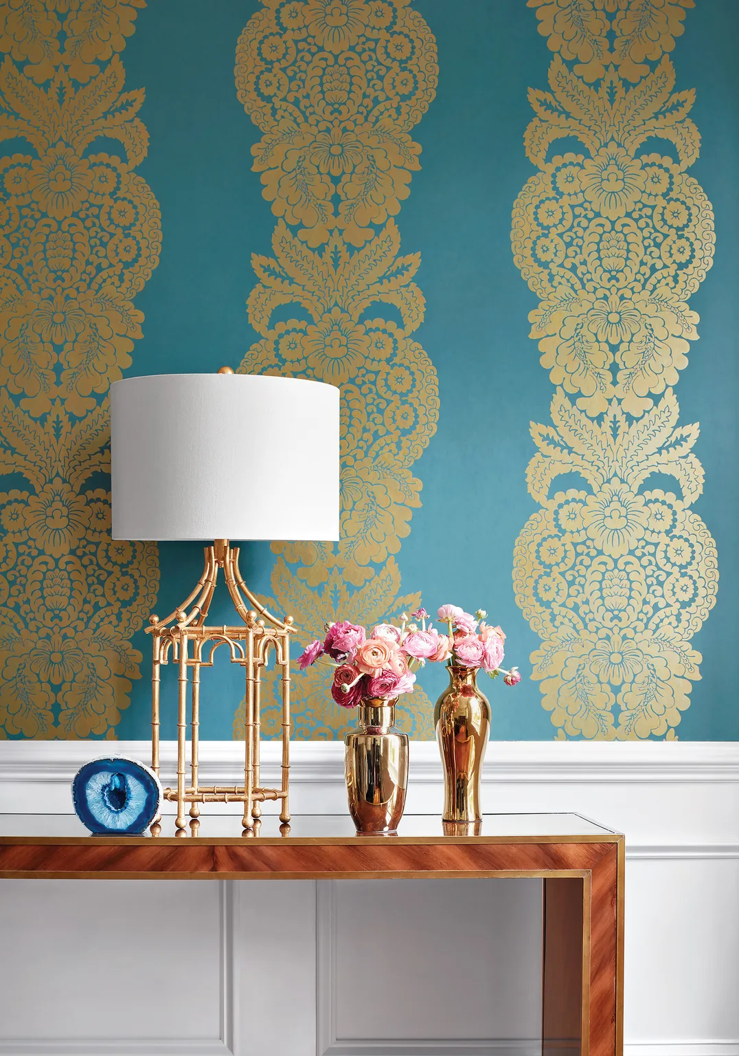 Thibaut Rowan Damask in Metallic Gold on Peacock (T89133)