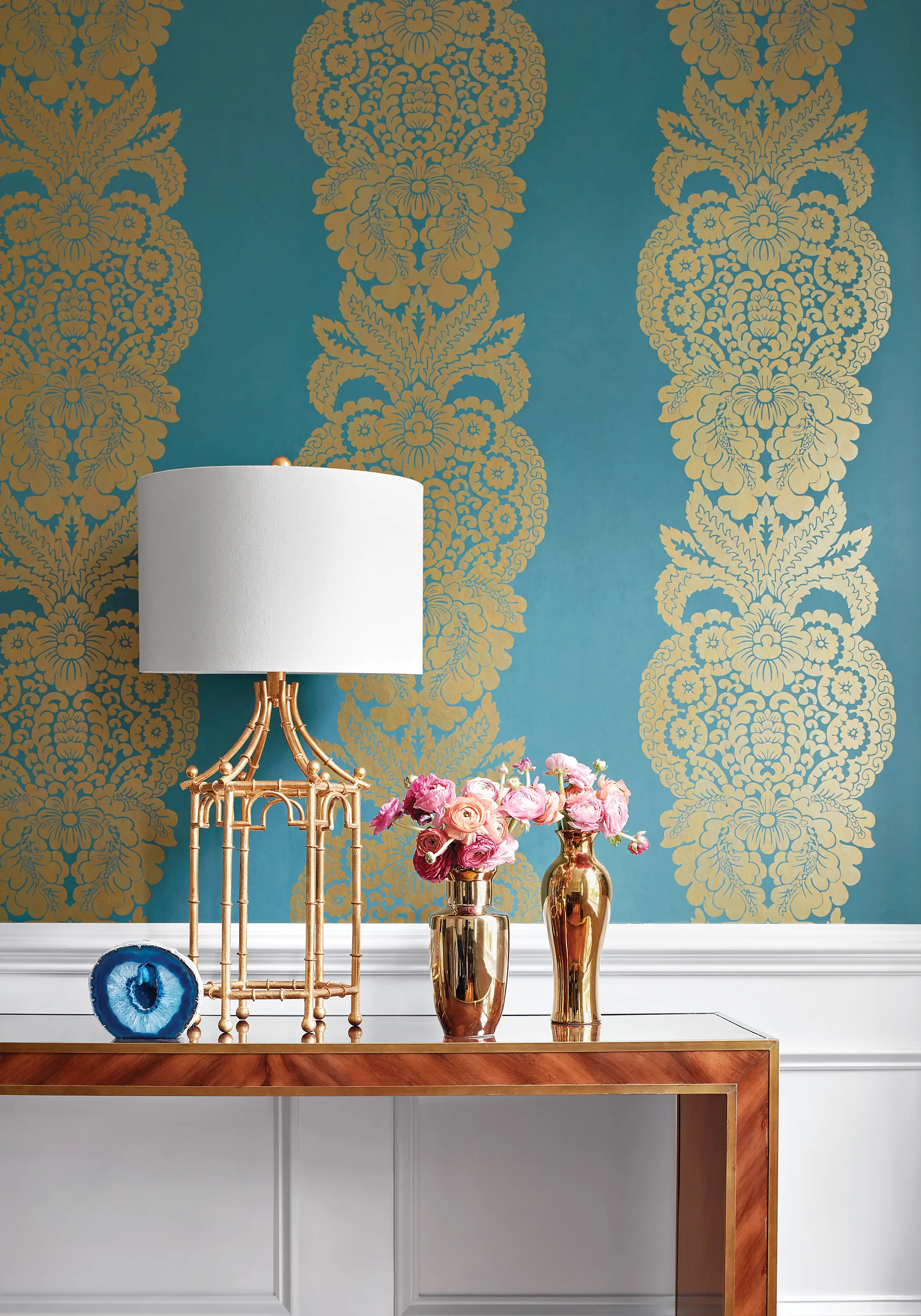 Thibaut Rowan Damask in Metallic Gold on Peacock (T89133)