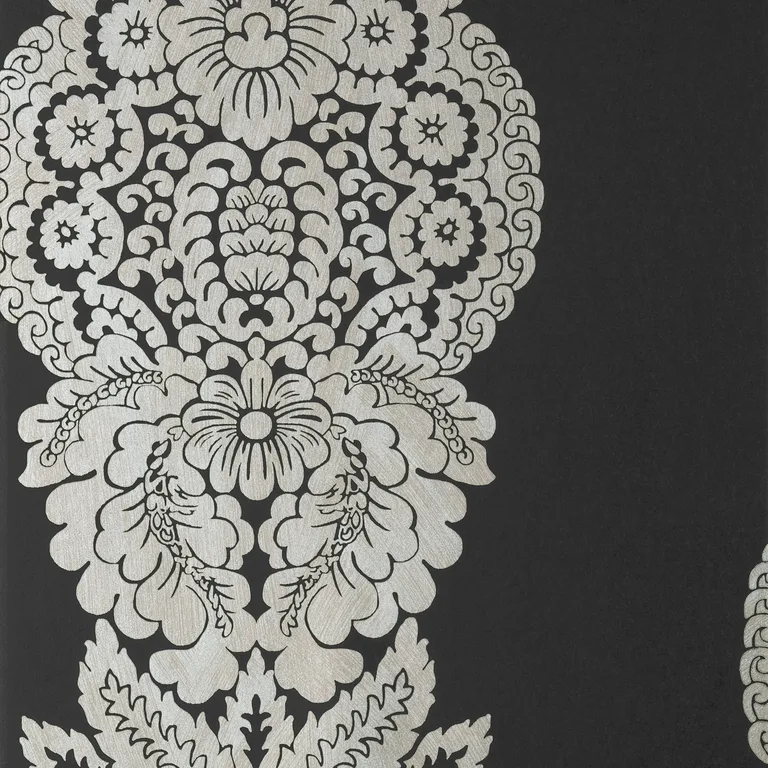 Thibaut Rowan Damask in Metallic Silver on Black (T89132)