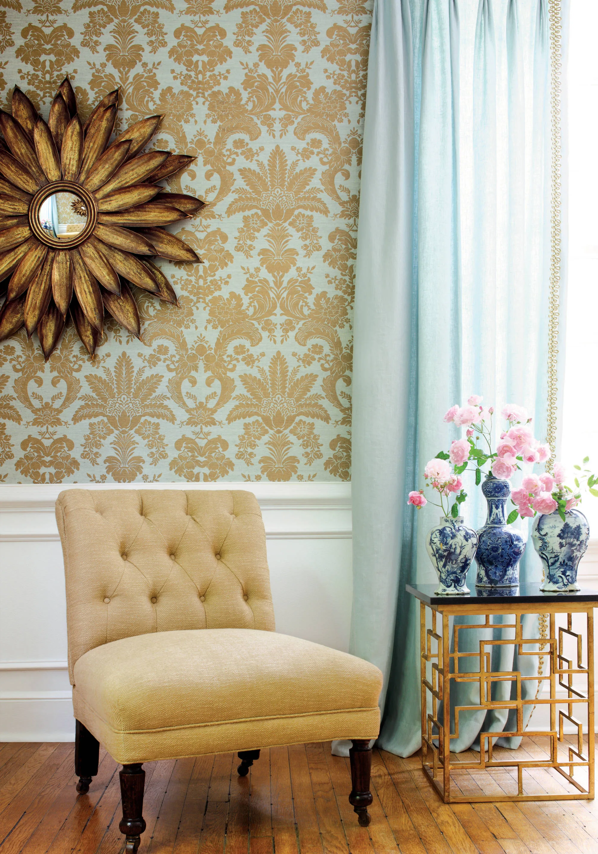 Thibaut West Indies Damask in Metallic Gold on Aqua (T3629)