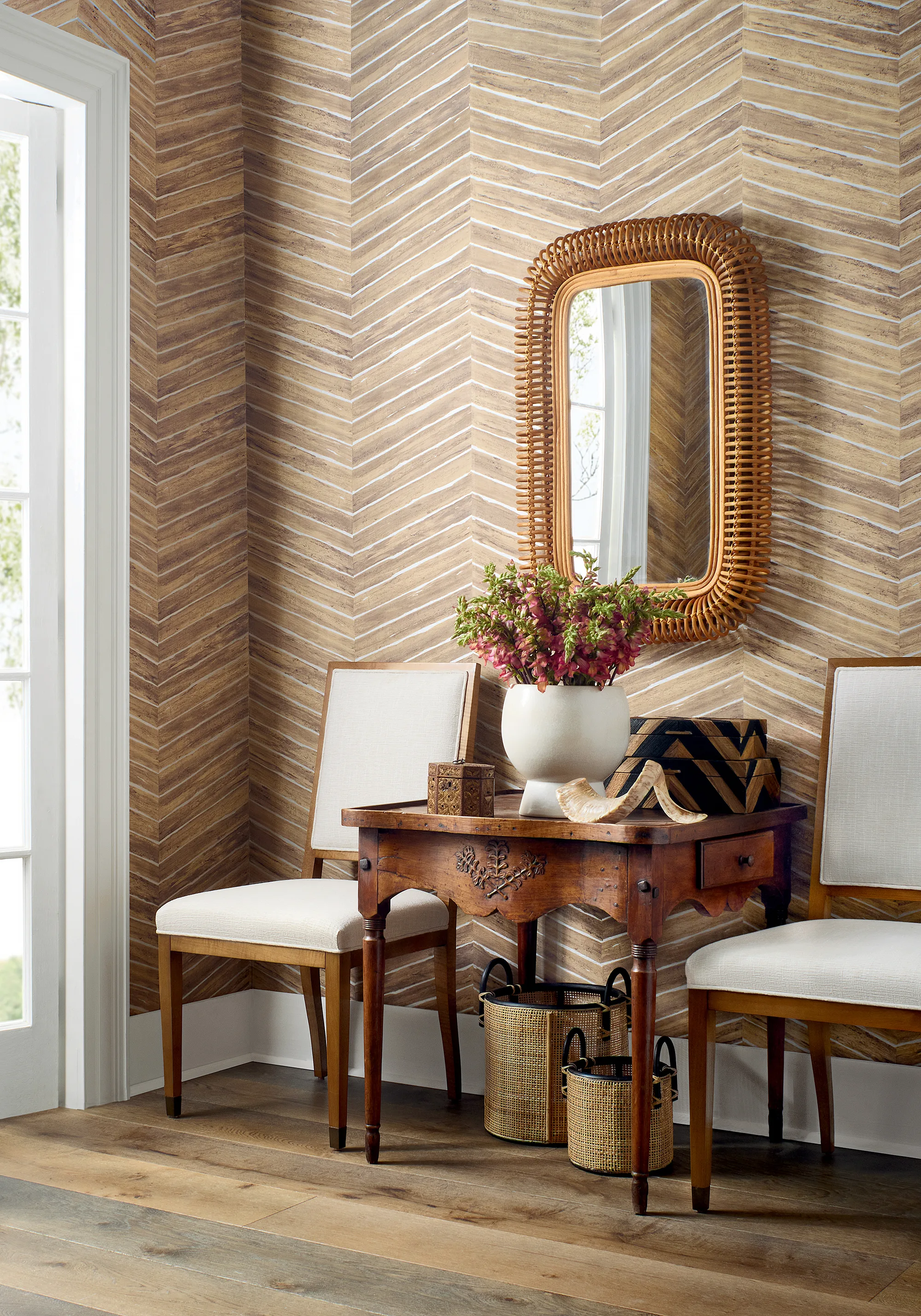 Thibaut Wood Herringbone in Natural on Metallic Silver (T14573)