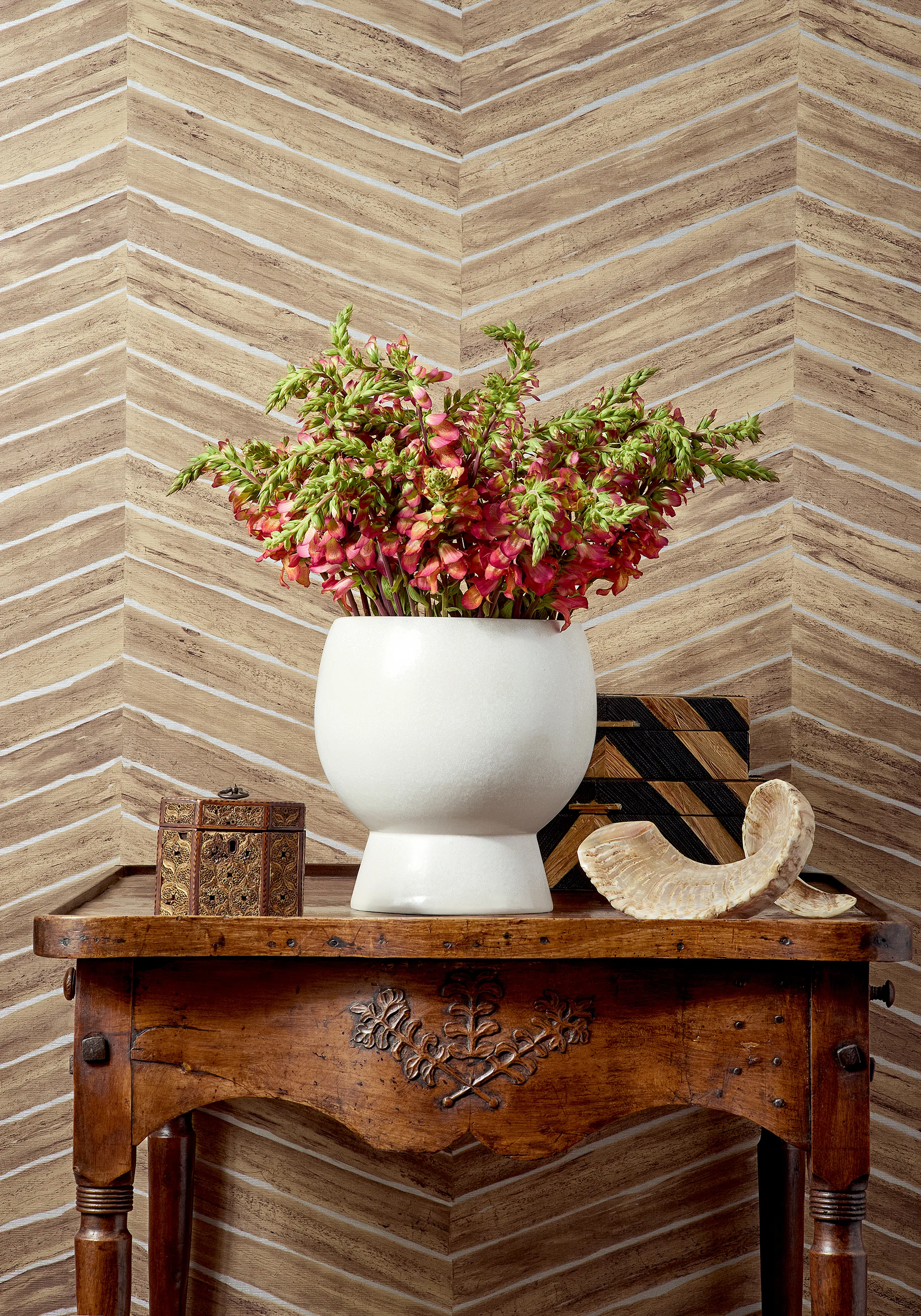 Thibaut Wood Herringbone in Natural on Metallic Silver (T14573)