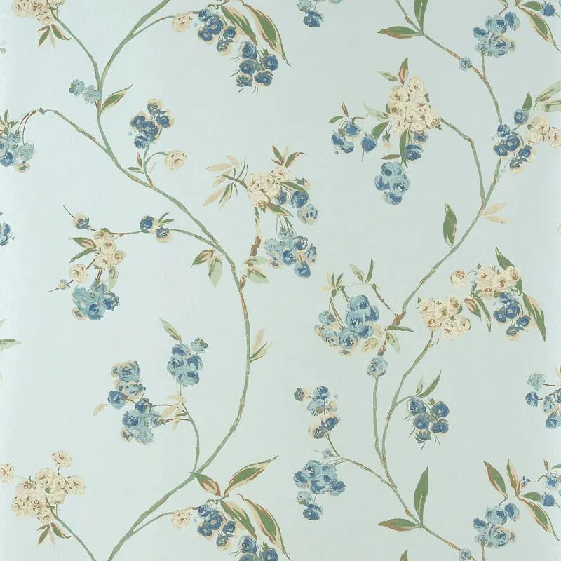 Edo Bloom Blue on Pearl Thibaut wallpaper by Wallpaper Twins