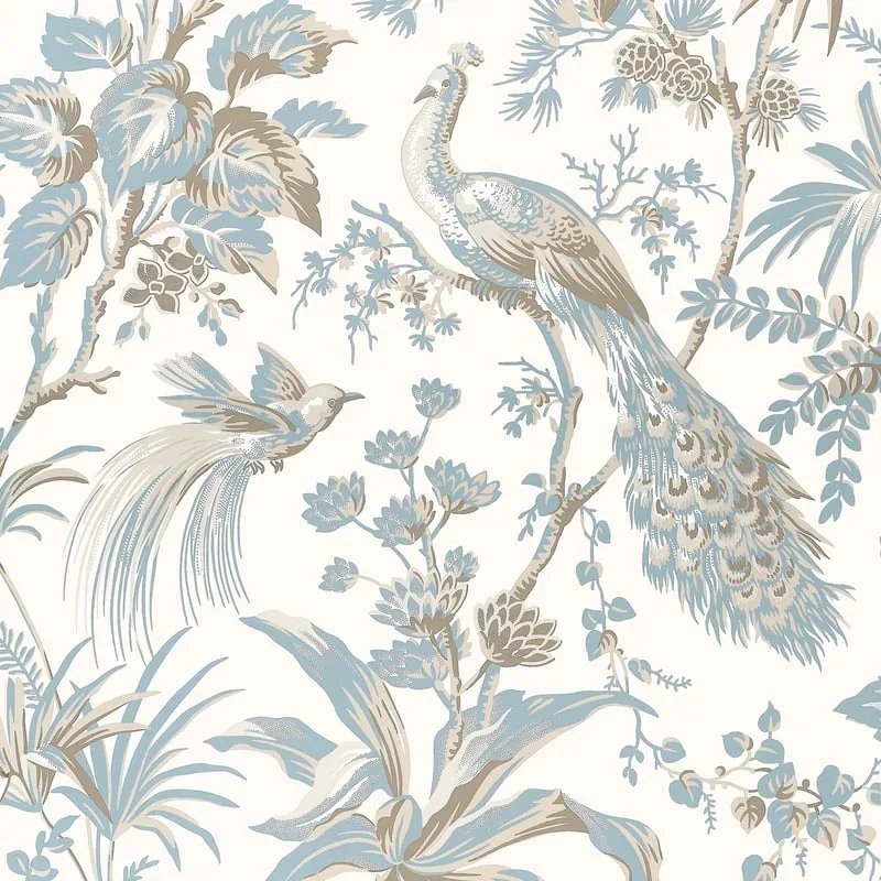 Peacock Toile Soft Blue and Beige Thibaut wallpaper by Wallpaper Twins