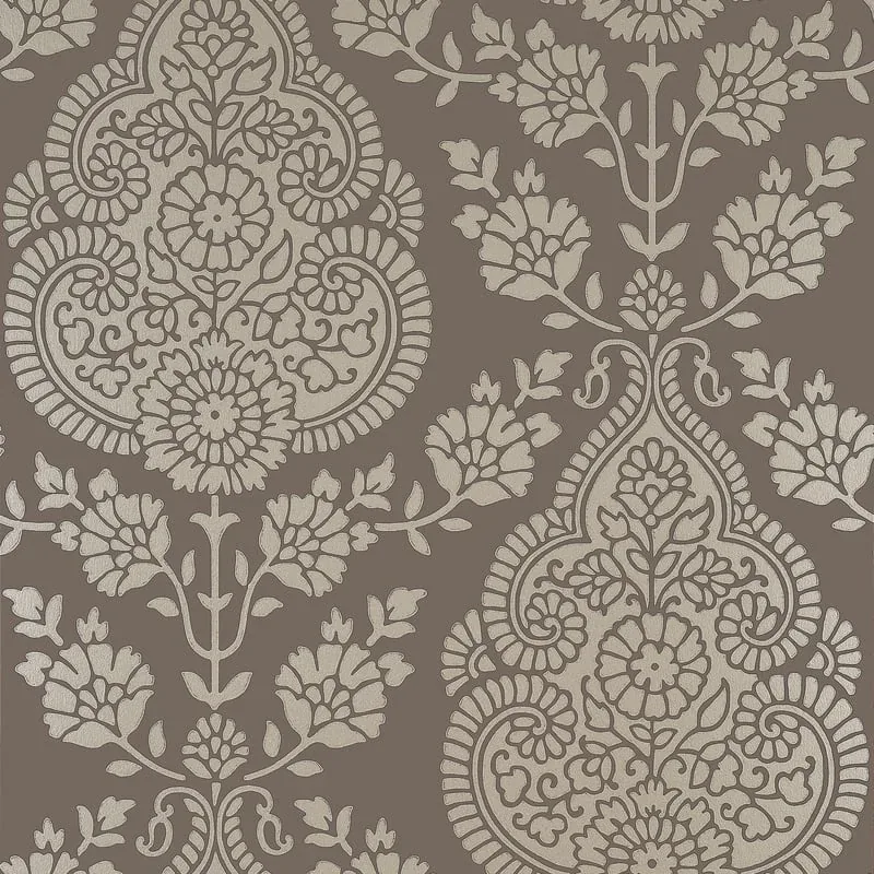 Balmuccia Damask Pewter on Chestnut Thibaut wallpaper by Wallpaper Twins