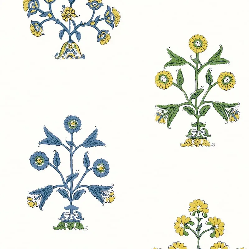 Indian Flower Blue and Yellow Thibaut wallpaper by Wallpaper Twins