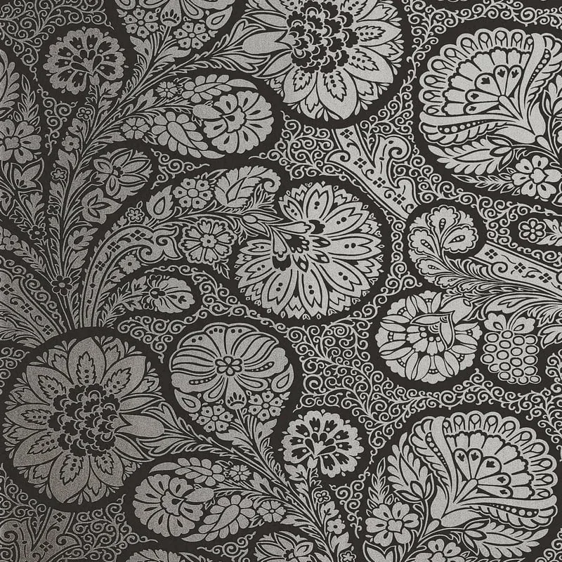 Troubadour Metallic Silver on Black Thibaut wallpaper by Wallpaper Twins