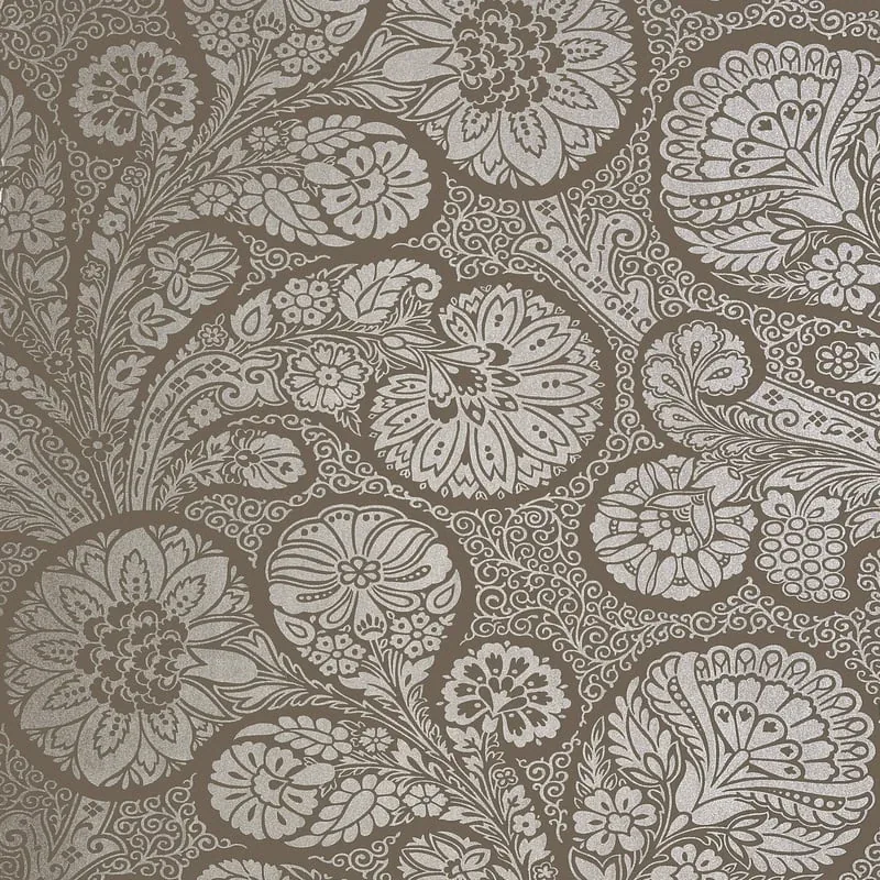 Troubadour Metallic Silver on Dark Taupe Thibaut wallpaper by Wallpaper Twins