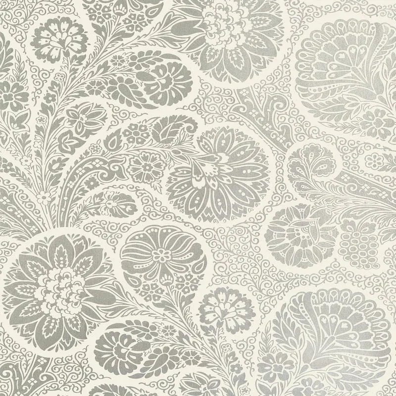 Troubadour Metallic Silver on Cream Thibaut wallpaper by Wallpaper Twins