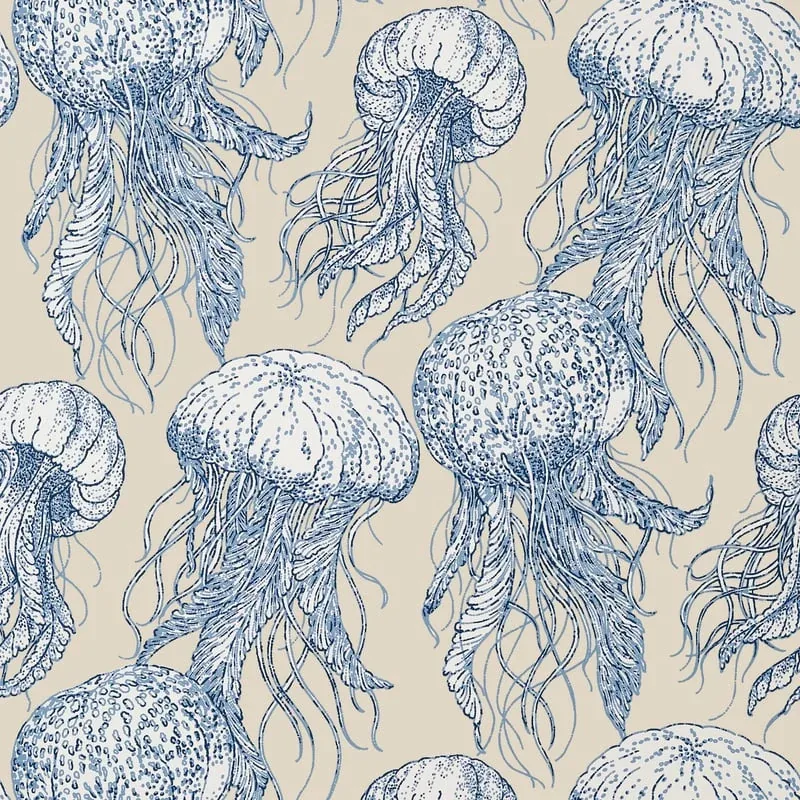 Jelly Fish Bloom Blue and Beige Thibaut wallpaper by Wallpaper Twins