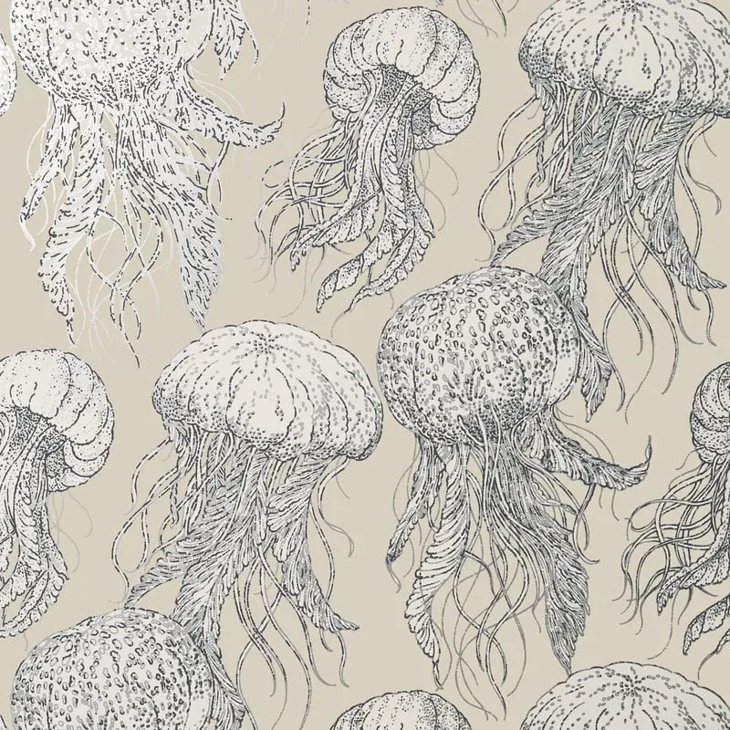 Jelly Fish Bloom Silver on Beige Thibaut wallpaper by Wallpaper Twins