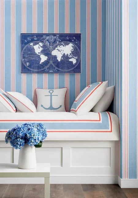 Canvas Stripe Blue and Coral Thibaut wallpaper by Wallpaper Twins