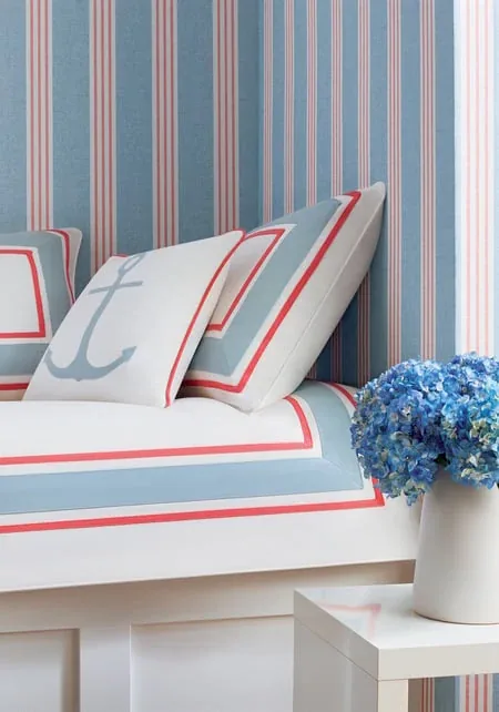 Canvas Stripe Blue and Coral Thibaut wallpaper by Wallpaper Twins