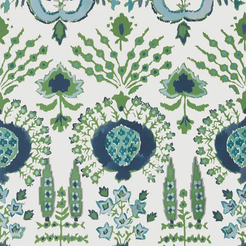 Mendoza Suzani Blue and Green on White Thibaut wallpaper by Wallpaper Twins