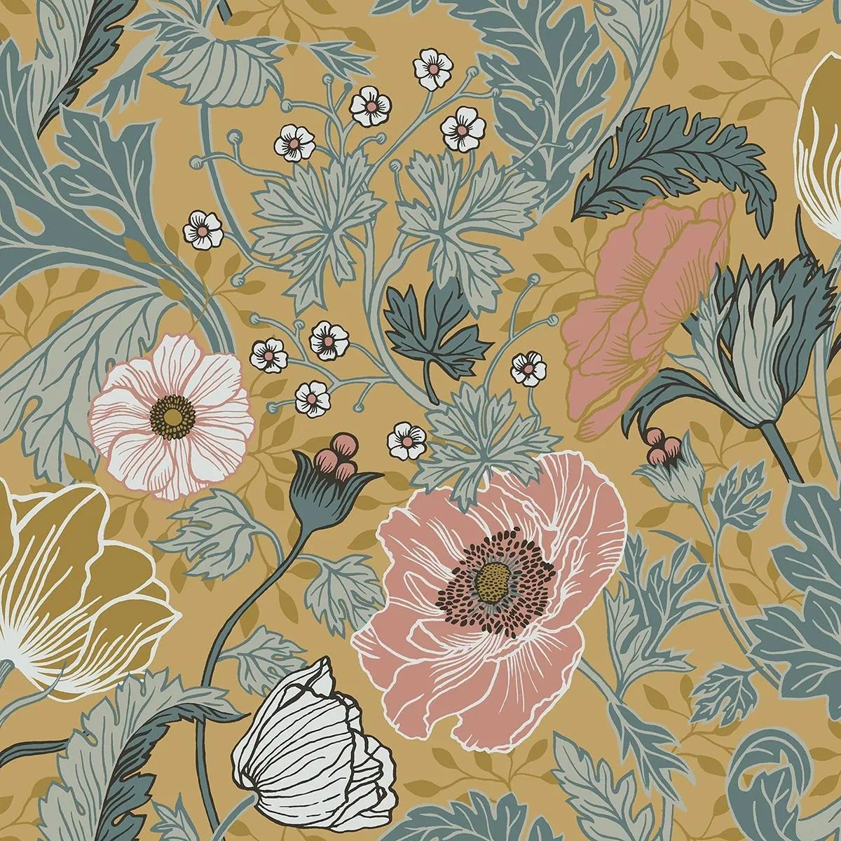 2948-33002 | Anemone Mustard Floral Wallpaper