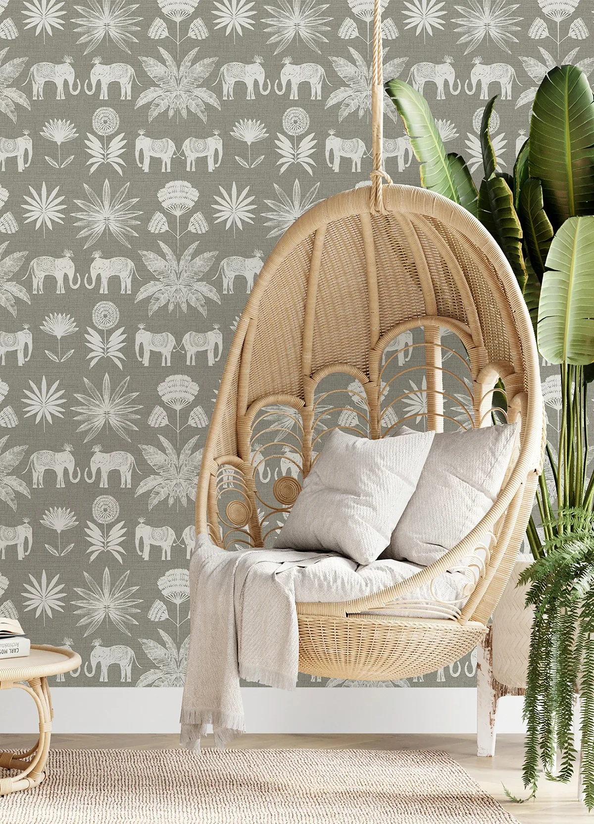 A-Street Prints Bazaar Grey Elephant Oasis Wallpaper - SKU 4014-26437
