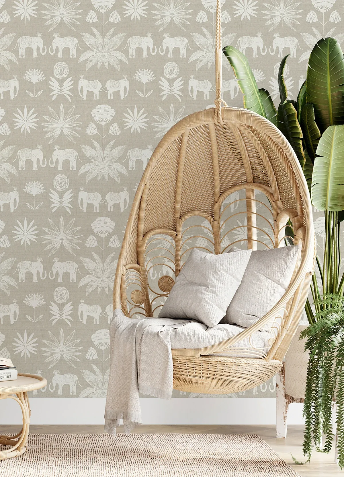 A-Street Prints Bazaar Light Grey Elephant Oasis Wallpaper - SKU 4014-26433