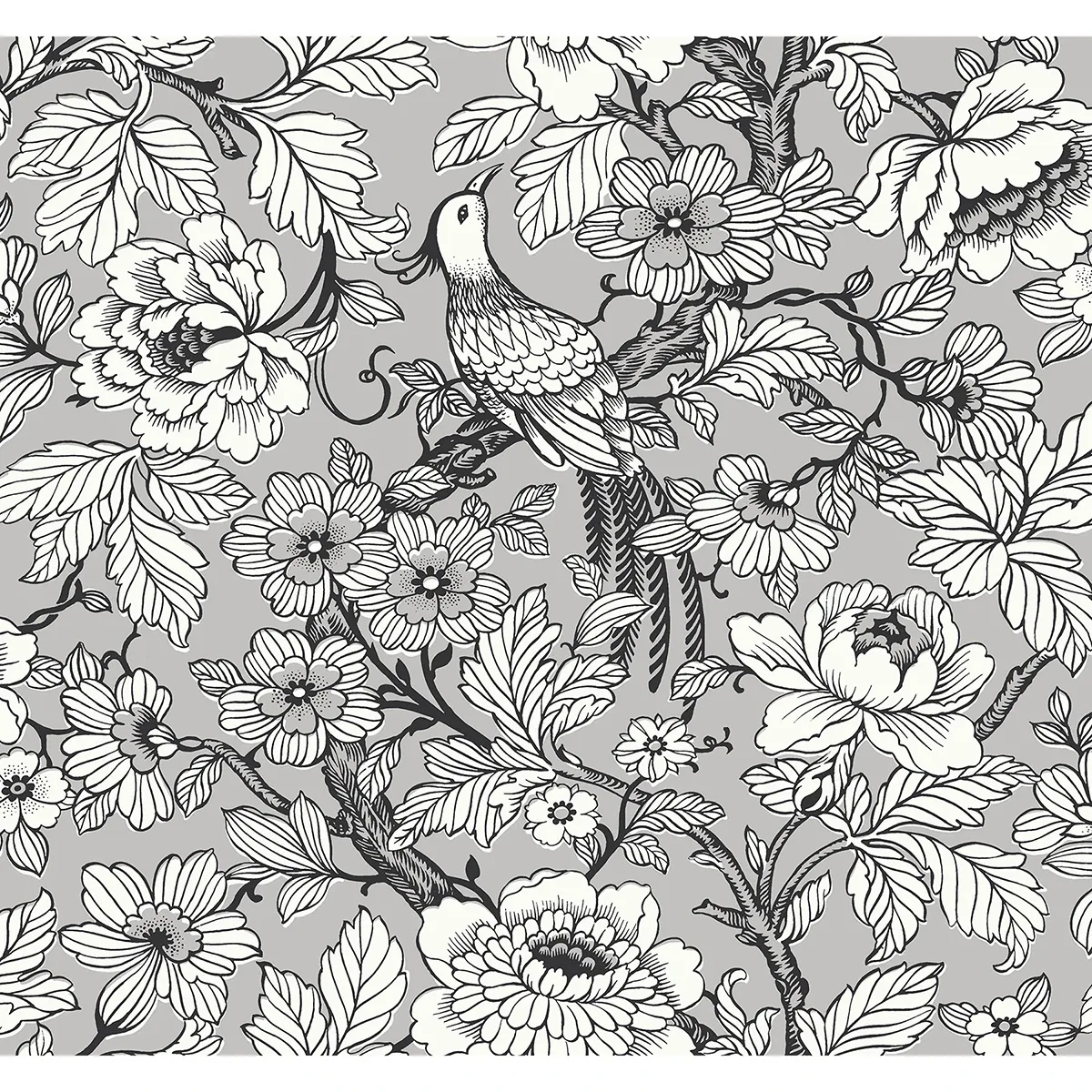 2927-80407 | Beaufort Silver Peony Chinoiserie Wallpaper