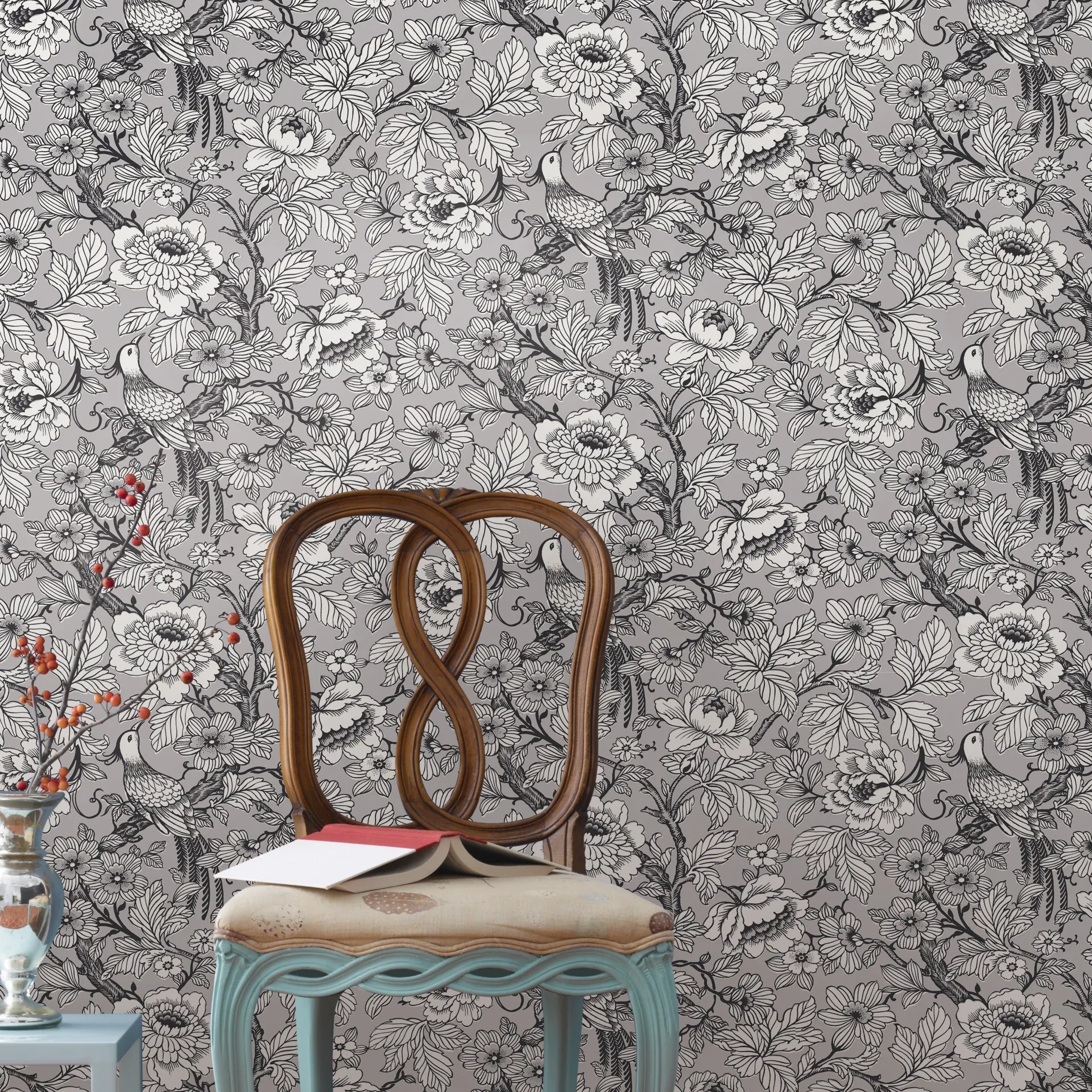 A-Street Prints Beaufort Silver Peony Chinoiserie Wallpaper - SKU 2927-80407