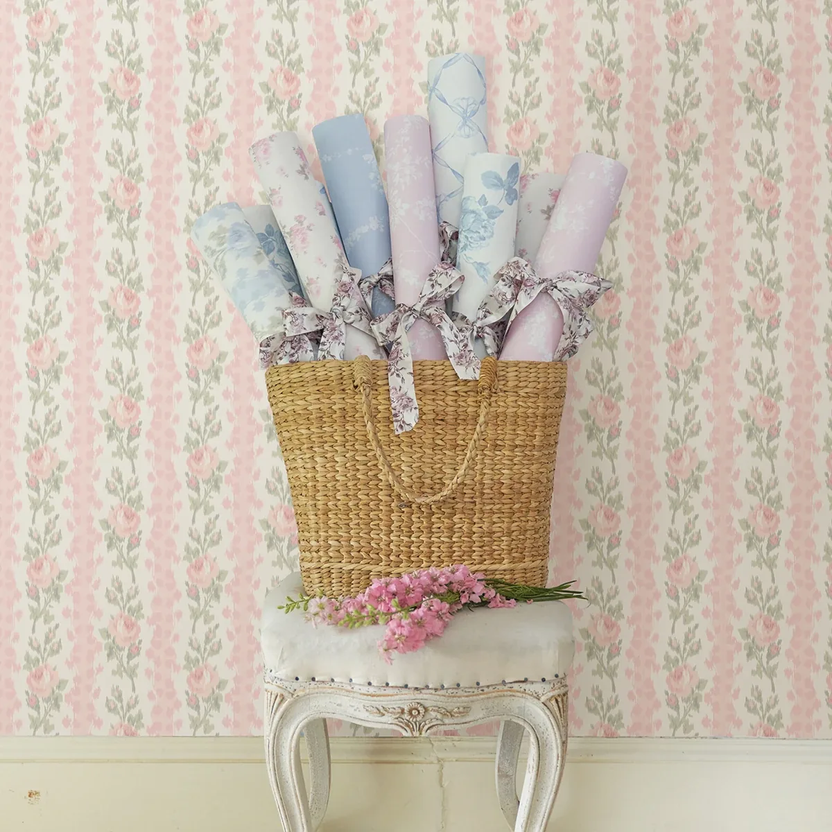 A-Street Prints Blooming Heirloom Marie Pink Rose Stripe Wallpaper - SKU AST4105